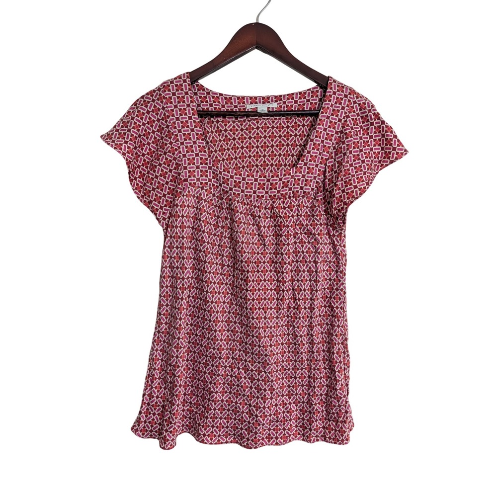 Banana Republic Silk Blouse M Red Pink Geometric Square Neck Flutter Sleeve Top